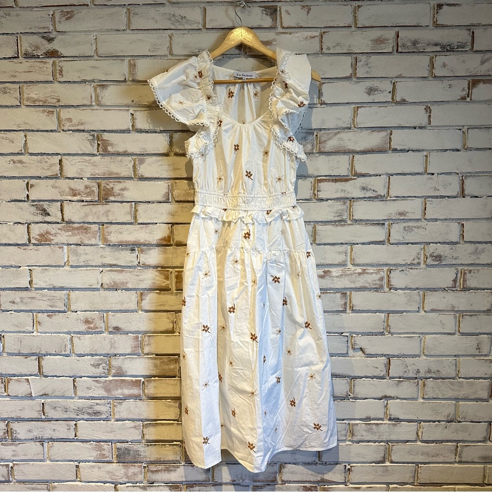 En Saison Rowan White Embroidered Poplin Midi Dress